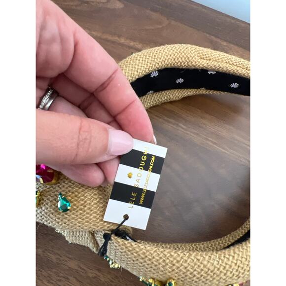 NWT Lele Sadoughi Crystal Radish Knotted Jute Gold-Pleated Headband Brown - Picture 7 of 10